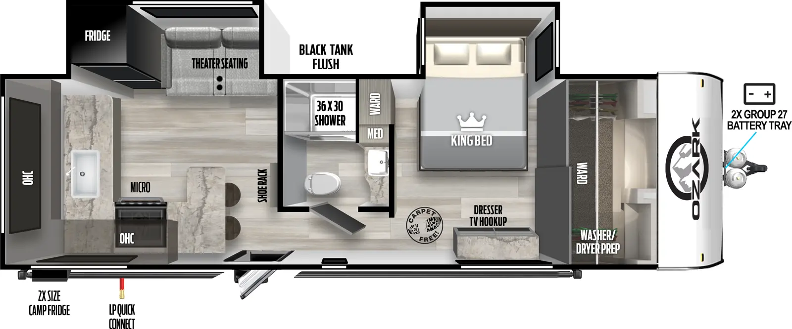 The 2670RK has two slideouts and one entry. Exterior features front 2x group 27 battery tray, LP quick connect, 2x size camp refrigerator, and black tank flush. Interior layout front to back: front wardrobe with washer/dryer prep, off-door side king bed slideout, and wardrobe, and door side dresser with TV hookup; off-door side full bathroom with medicine cabinet; off-door side slideout with theater seating and refrigerator; shoe rack along inner wall; door side entry, peninsula kitchen counter with bar stools wraps to door side with cooktop, overhead cabinet, microwave, and continues to wrap to rear with sink.